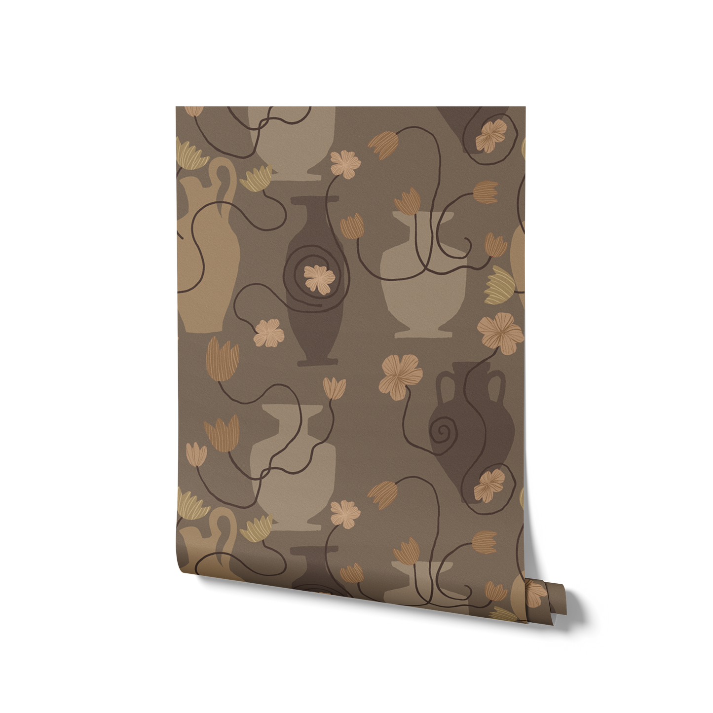 Dusty brown wallpaper with classic urn silhouettes, soft gold floral accents, and winding dark stems, from the Shatha collection with Urban Road.