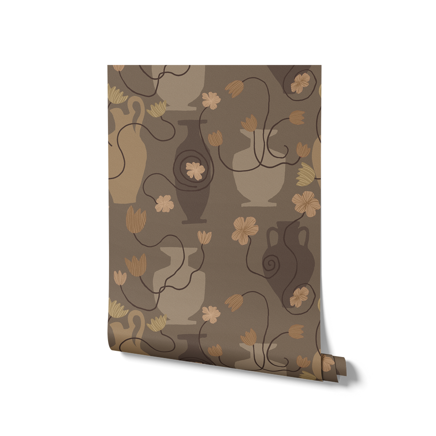Dusty brown wallpaper with classic urn silhouettes, soft gold floral accents, and winding dark stems, from the Shatha collection with Urban Road.