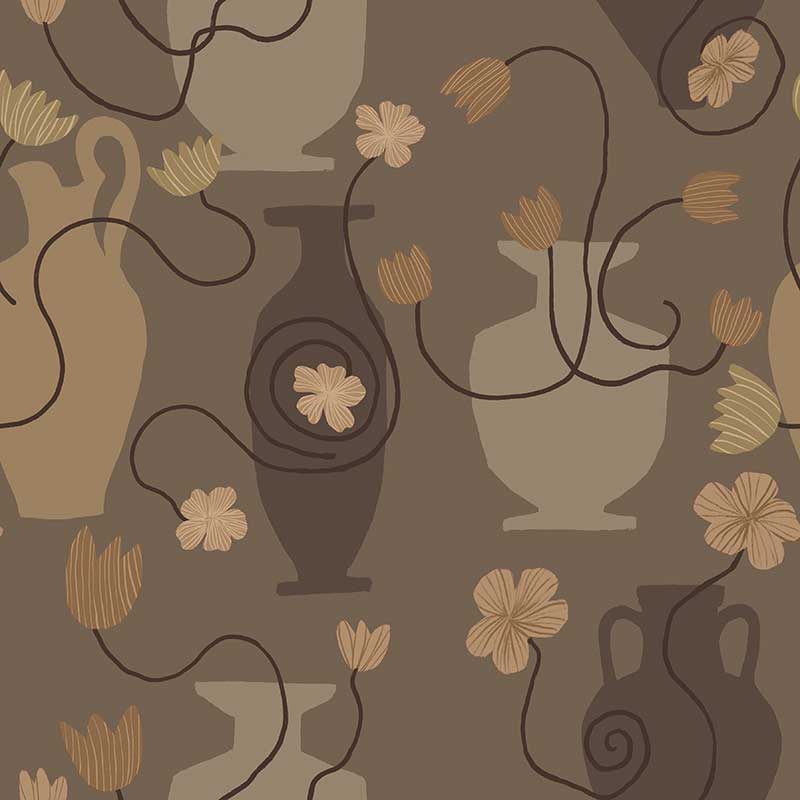 Dusty brown wallpaper with classic urn silhouettes, soft gold floral accents, and winding dark stems, from the Shatha collection with Urban Road.