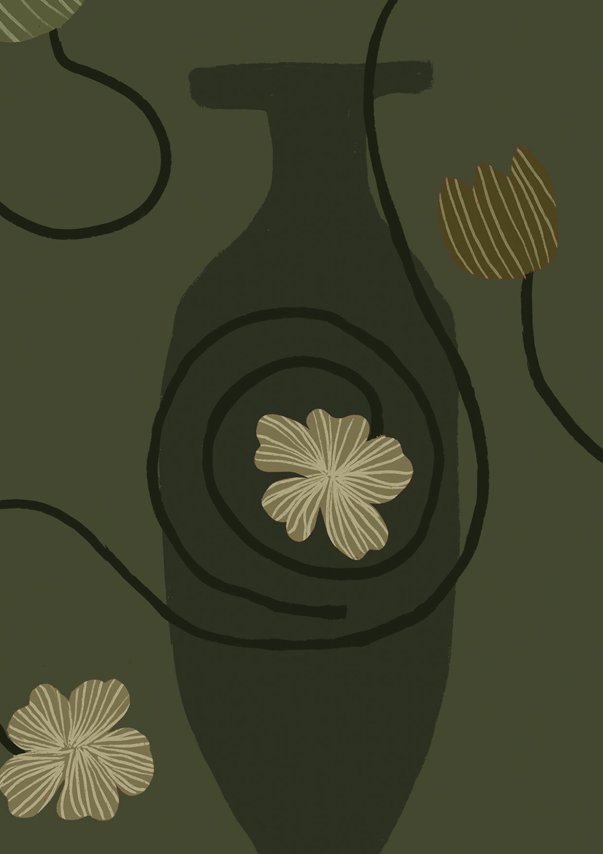Lush dark green wallpaper with warm ochre and olive vases, scattered yellow florals, and curling black stems, from the Shatha collection with Urban Road.