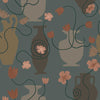 Muted teal wallpaper featuring grey-toned vases, salmon blooms, and black flowing stems, from the Shatha collection with Urban Road.