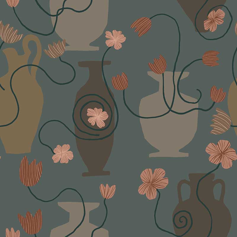 Muted teal wallpaper featuring grey-toned vases, salmon blooms, and black flowing stems, from the Shatha collection with Urban Road.