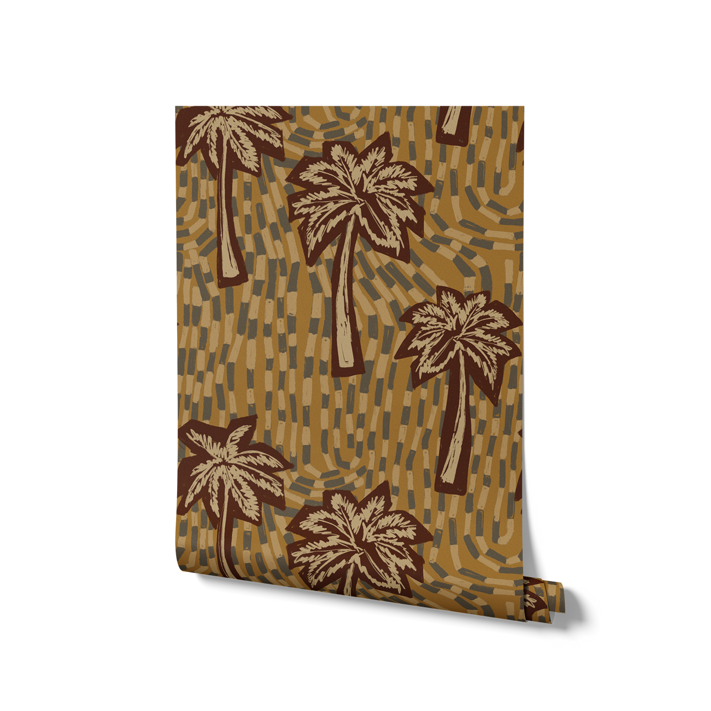 Earthy ochre wallpaper featuring stylised palm trees over a layered, hand-drawn tile texture background, from the Shatha collection with Urban Road.