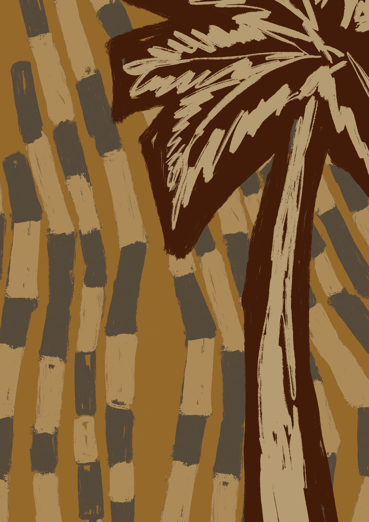 Earthy ochre wallpaper featuring stylised palm trees over a layered, hand-drawn tile texture background, from the Shatha collection with Urban Road.