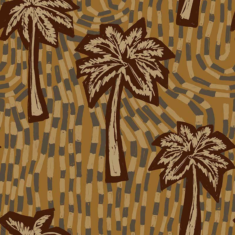 Earthy ochre wallpaper featuring stylised palm trees over a layered, hand-drawn tile texture background, from the Shatha collection with Urban Road.