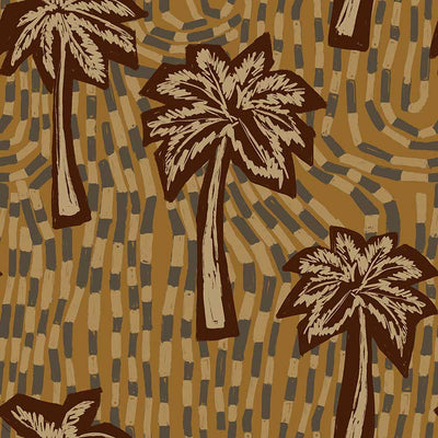 Earthy ochre wallpaper featuring stylised palm trees over a layered, hand-drawn tile texture background, from the Shatha collection with Urban Road.
