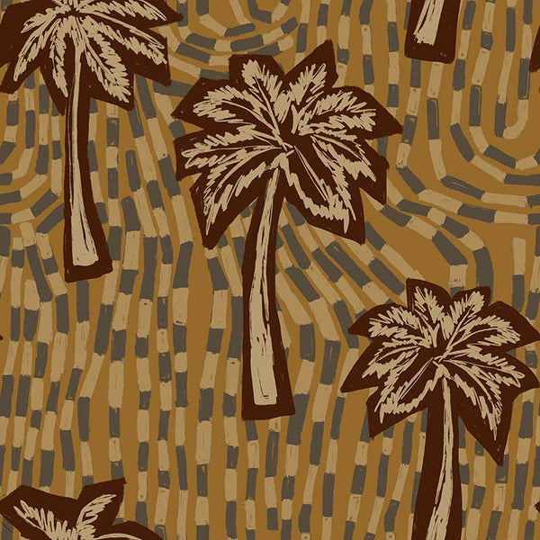 Earthy ochre wallpaper featuring stylised palm trees over a layered, hand-drawn tile texture background, from the Shatha collection with Urban Road.