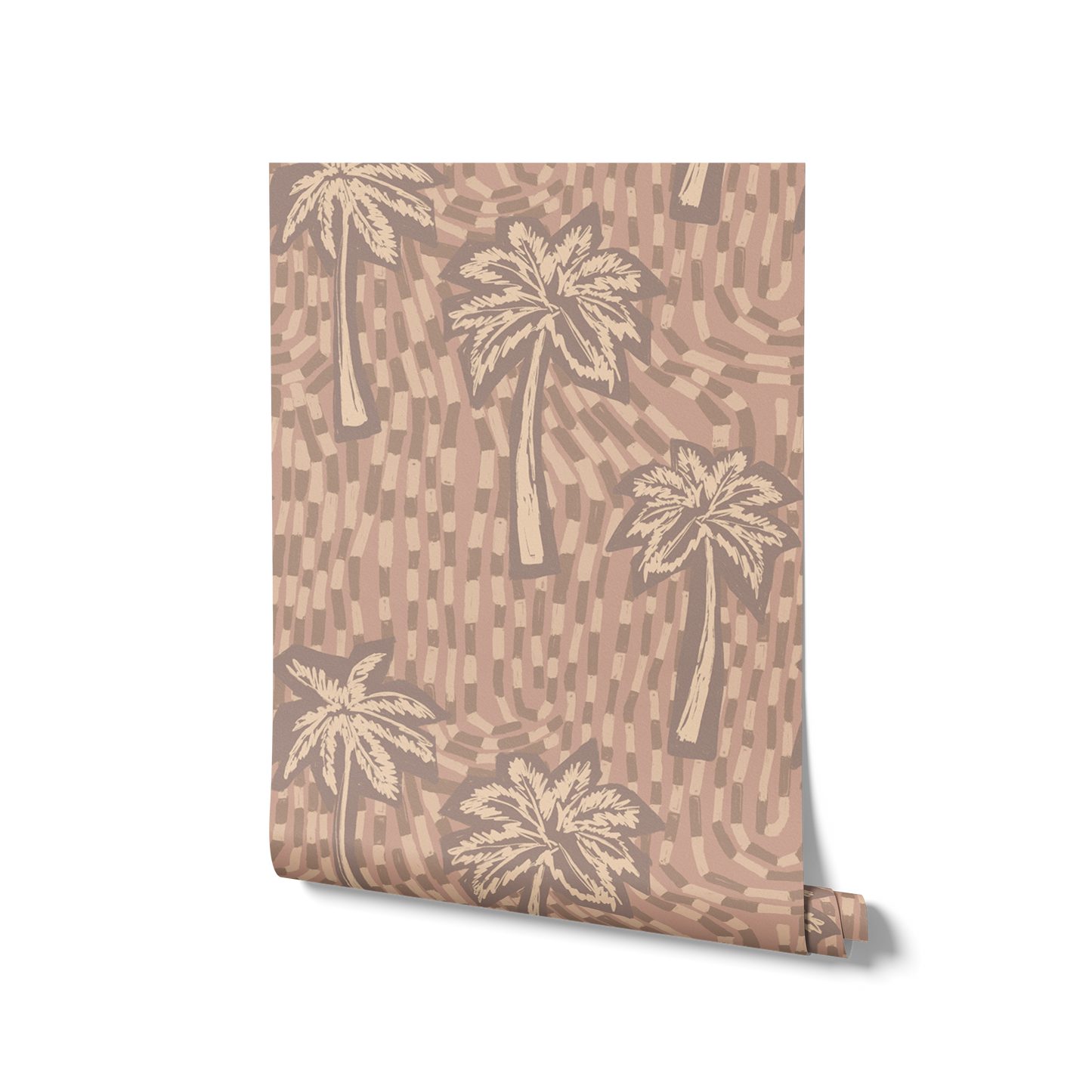Soft pink wallpaper with cream-toned palm tree silhouettes and abstract tile-like brush strokes, from the Shatha collection with Urban Road.
