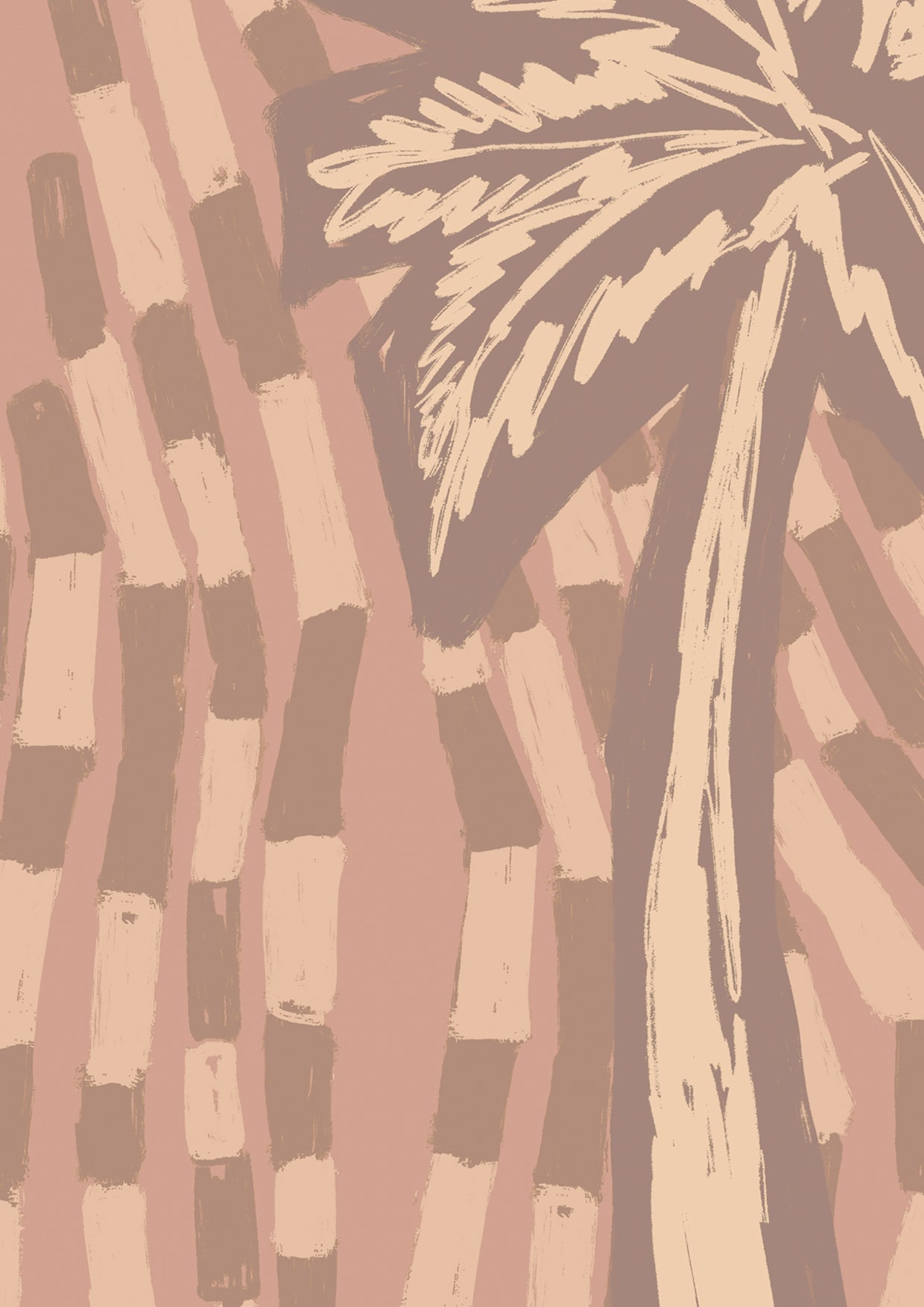 Soft pink wallpaper with cream-toned palm tree silhouettes and abstract tile-like brush strokes, from the Shatha collection with Urban Road.