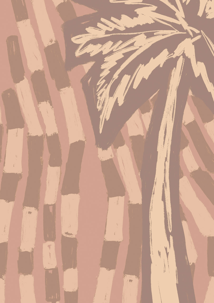 Soft pink wallpaper with cream-toned palm tree silhouettes and abstract tile-like brush strokes, from the Shatha collection with Urban Road.