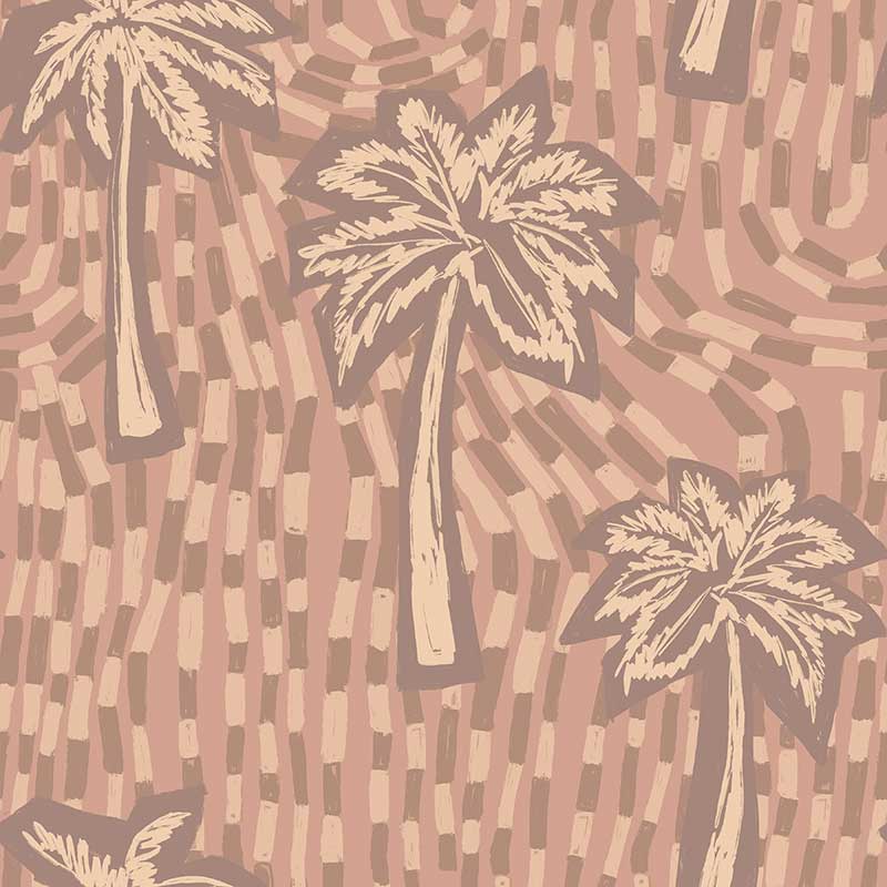Soft pink wallpaper with cream-toned palm tree silhouettes and abstract tile-like brush strokes, from the Shatha collection with Urban Road.