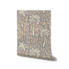 Warm ivory wallpaper with sandy beige palm trees layered over a cool-toned geometric dash pattern, from the Shatha collection with Urban Road.