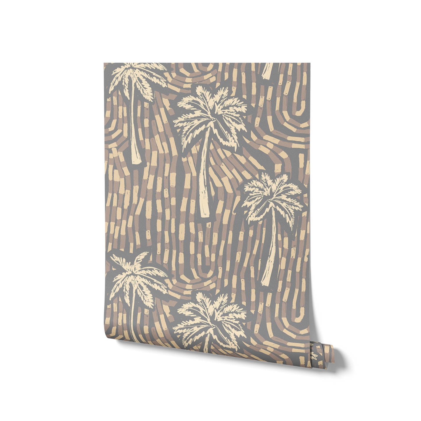 Warm ivory wallpaper with sandy beige palm trees layered over a cool-toned geometric dash pattern, from the Shatha collection with Urban Road.