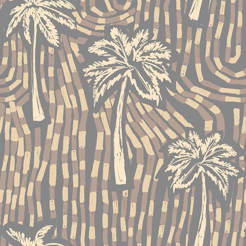 Warm ivory wallpaper with sandy beige palm trees layered over a cool-toned geometric dash pattern, from the Shatha collection with Urban Road.
