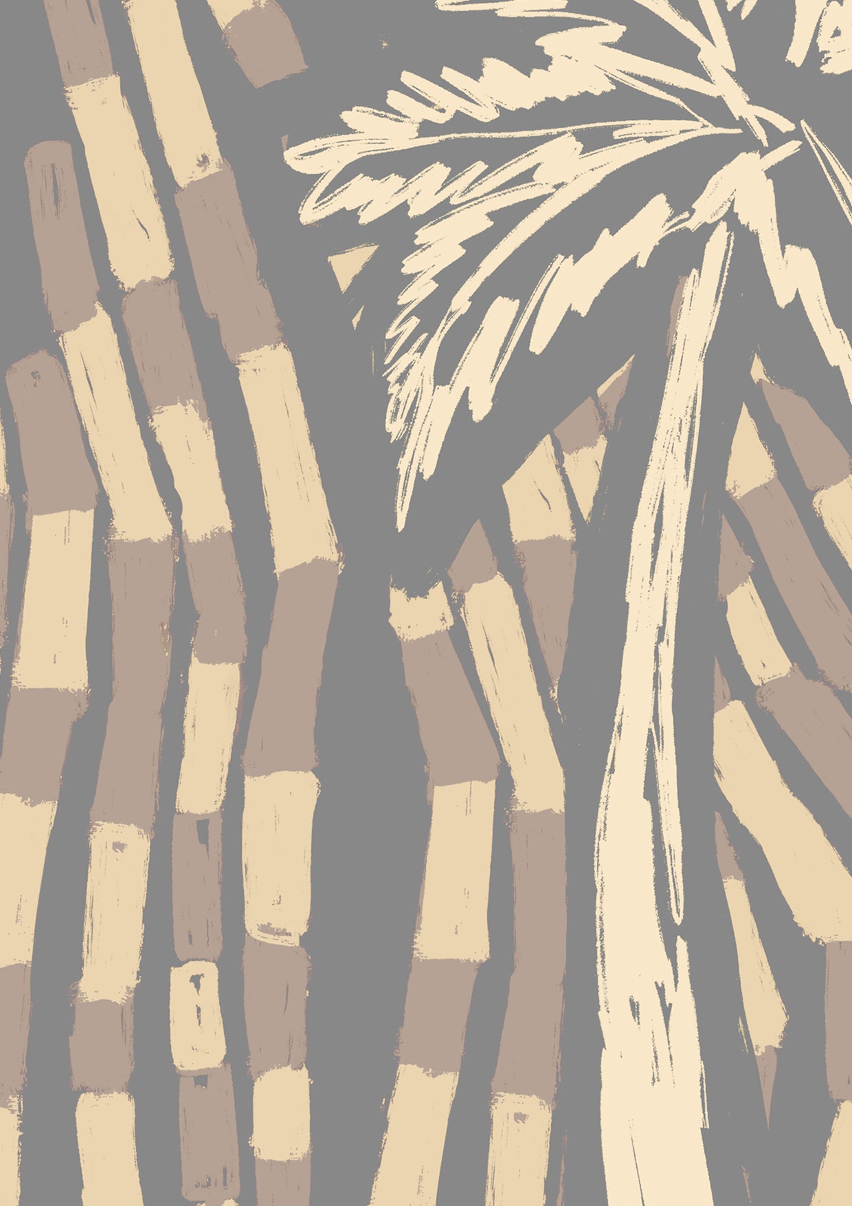 Warm ivory wallpaper with sandy beige palm trees layered over a cool-toned geometric dash pattern, from the Shatha collection with Urban Road.