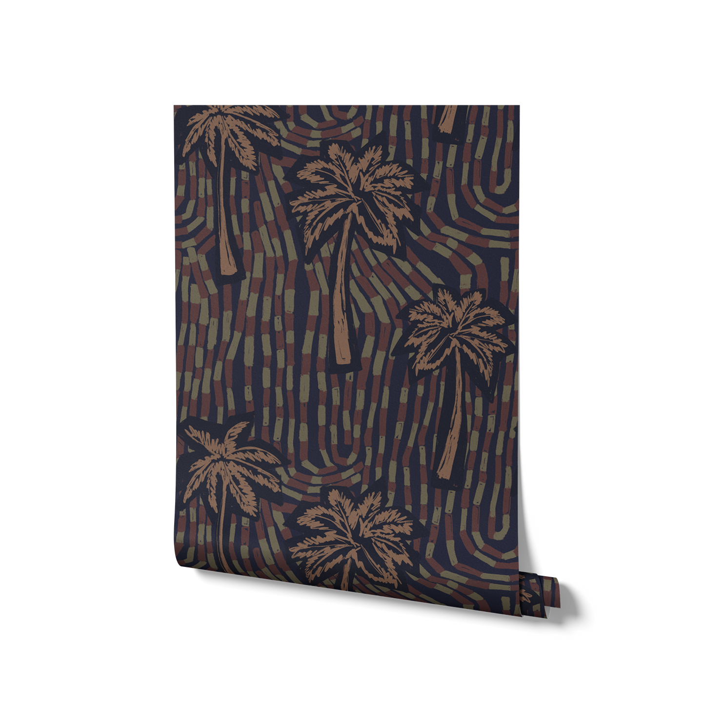 Deep navy wallpaper with contrasting beige palm trees and a rhythmic sweep of dark linear marks, from the Shatha collection with Urban Road.