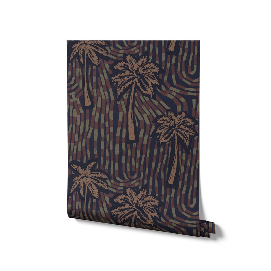 Deep navy wallpaper with contrasting beige palm trees and a rhythmic sweep of dark linear marks, from the Shatha collection with Urban Road.