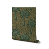 Lush dark green wallpaper with teal palm motifs and curved linear textures in complementary tones, from the Shatha collection with Urban Road.