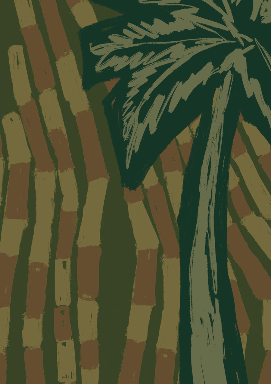 Lush dark green wallpaper with teal palm motifs and curved linear textures in complementary tones, from the Shatha collection with Urban Road.