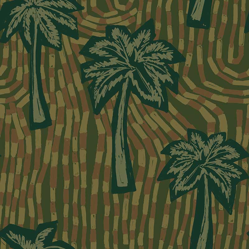 Lush dark green wallpaper with teal palm motifs and curved linear textures in complementary tones, from the Shatha collection with Urban Road.