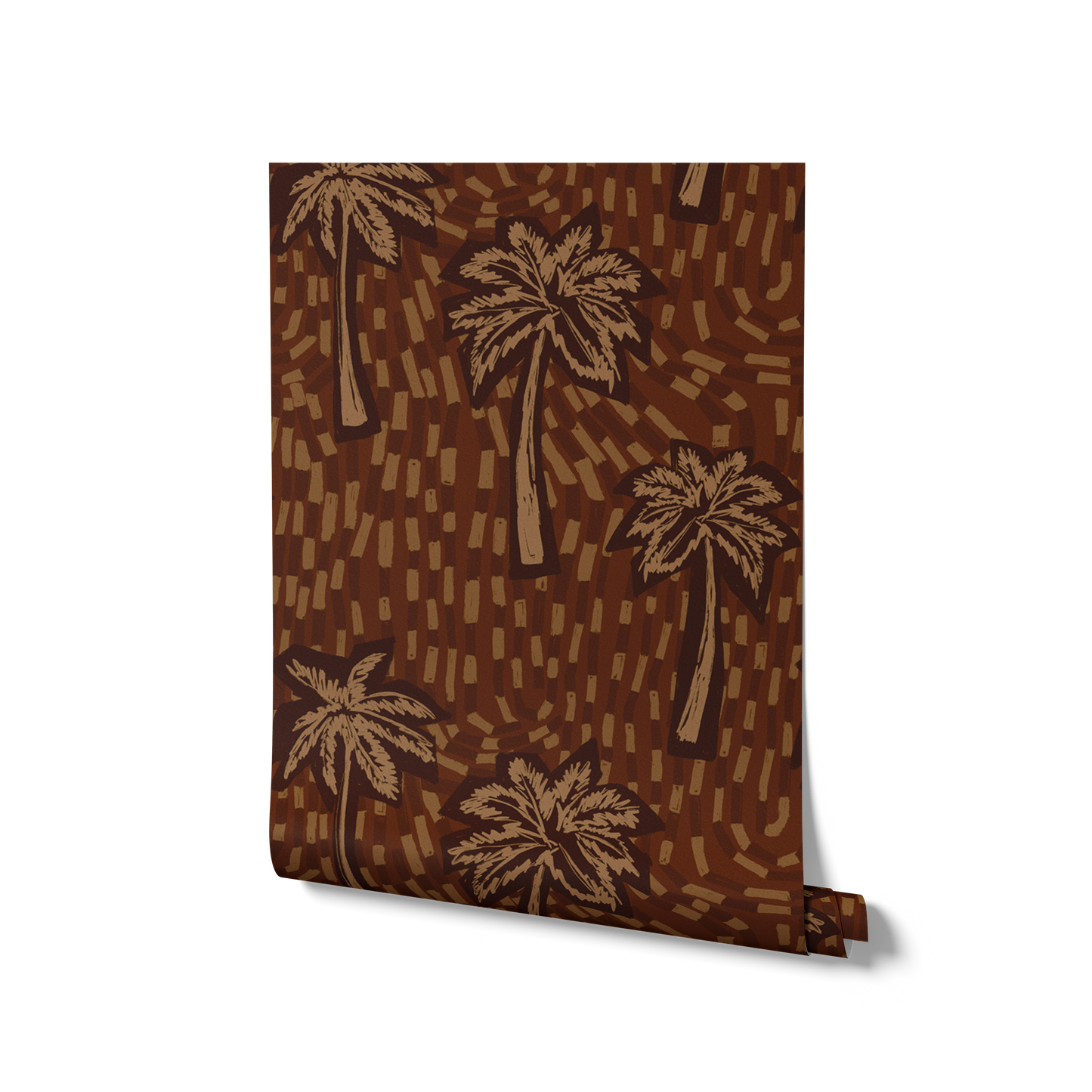 Rich cocoa wallpaper with tonal brown palm trees and hand-drawn sweeping tile patterns, from the Shatha collection with Urban Road.