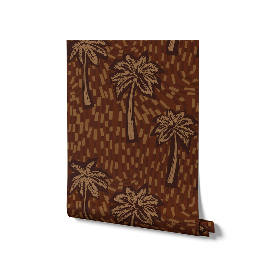Rich cocoa wallpaper with tonal brown palm trees and hand-drawn sweeping tile patterns, from the Shatha collection with Urban Road.