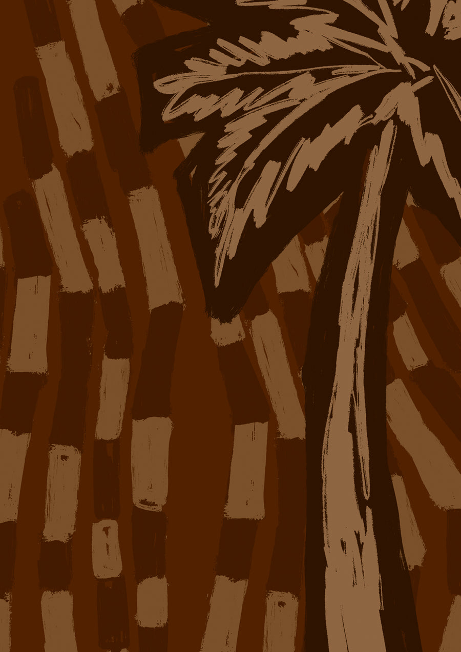 Rich cocoa wallpaper with tonal brown palm trees and hand-drawn sweeping tile patterns, from the Shatha collection with Urban Road.