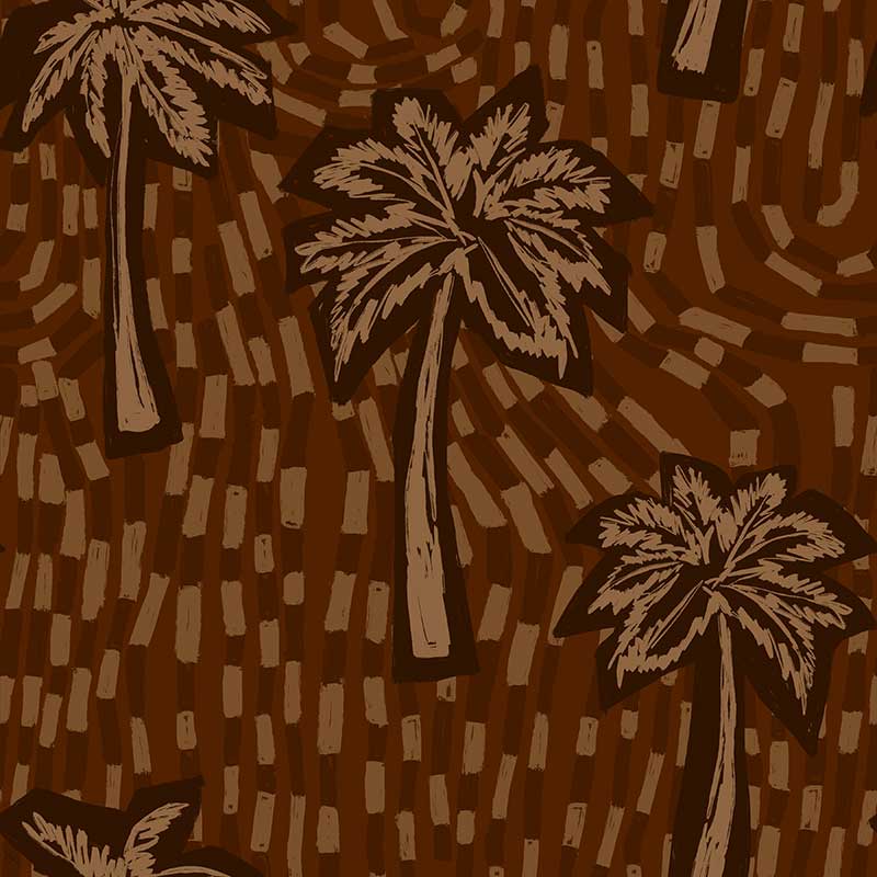 Rich cocoa wallpaper with tonal brown palm trees and hand-drawn sweeping tile patterns, from the Shatha collection with Urban Road.