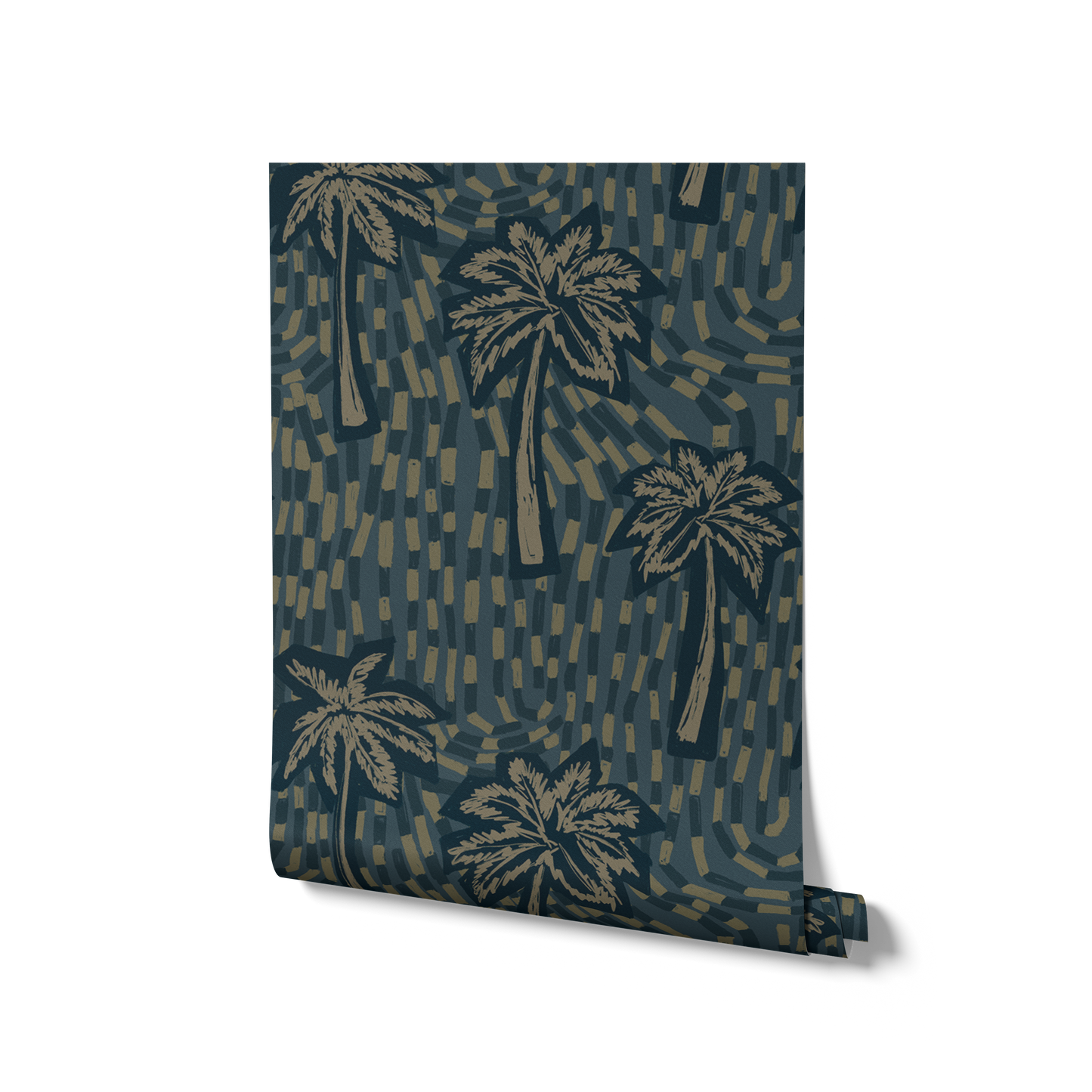 Inky teal wallpaper with soft beige palm illustrations layered over deep blue-green flowing strokes, from the Shatha collection with Urban Road.