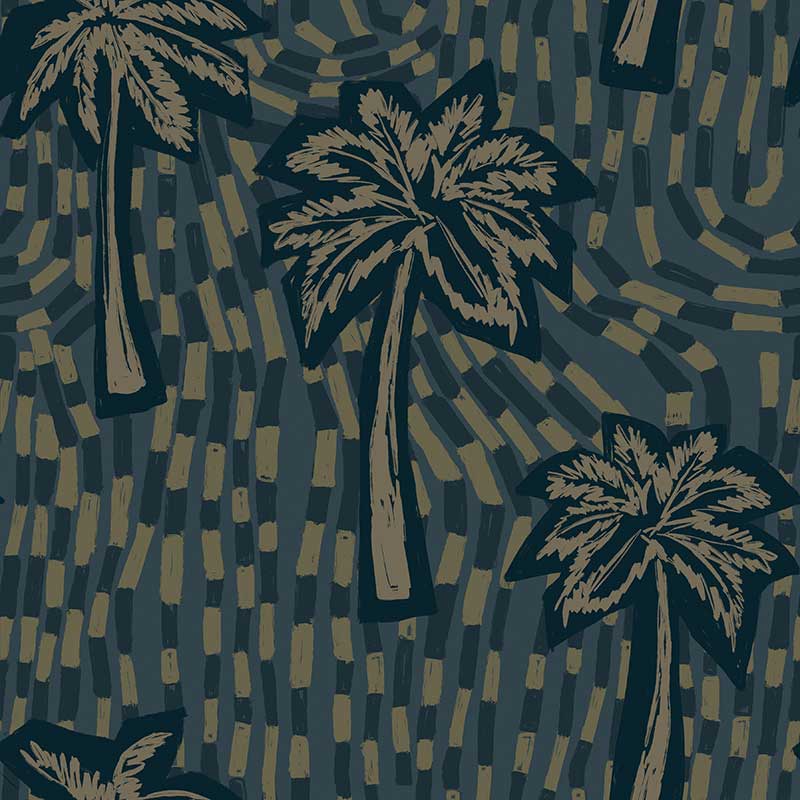 Inky teal wallpaper with soft beige palm illustrations layered over deep blue-green flowing strokes, from the Shatha collection with Urban Road.