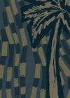 Inky teal wallpaper with soft beige palm illustrations layered over deep blue-green flowing strokes, from the Shatha collection with Urban Road.
