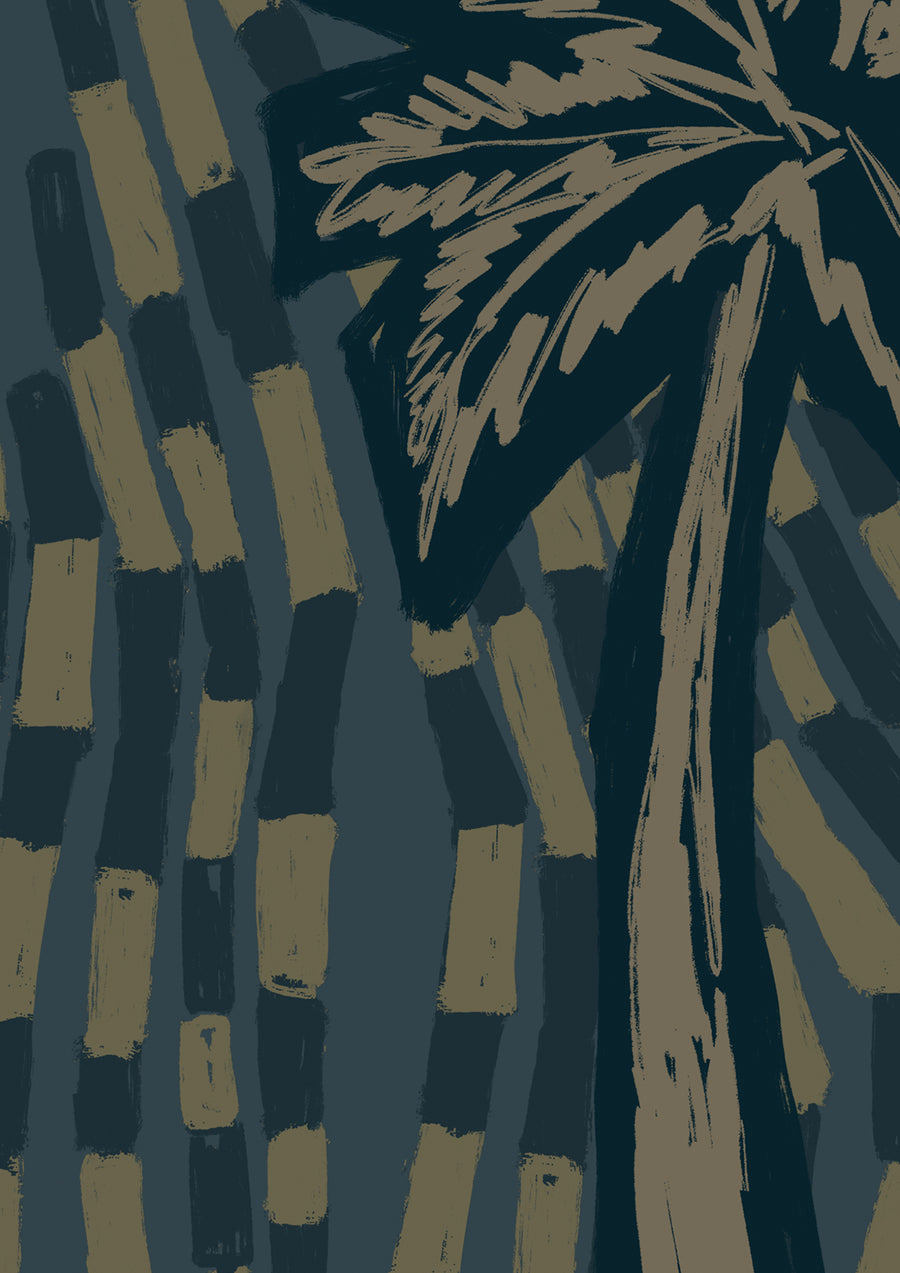 Inky teal wallpaper with soft beige palm illustrations layered over deep blue-green flowing strokes, from the Shatha collection with Urban Road.
