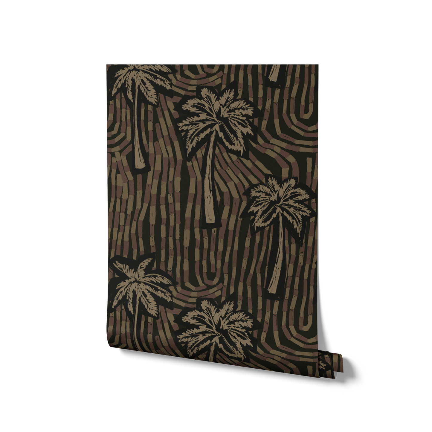 Bold black wallpaper with monochrome beige palms and a dynamic arrangement of swirling tile-like lines, from the Shatha collection with Urban Road.