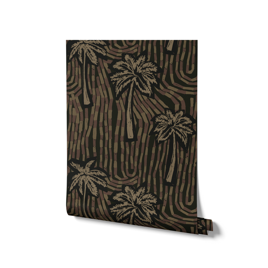 Bold black wallpaper with monochrome beige palms and a dynamic arrangement of swirling tile-like lines, from the Shatha collection with Urban Road.