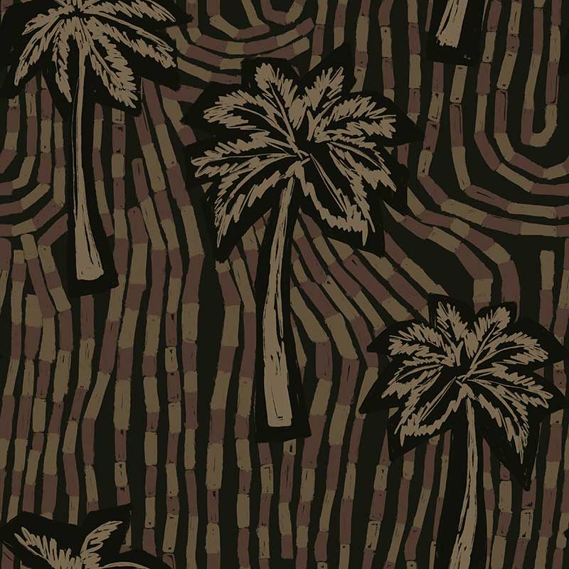 Bold black wallpaper with monochrome beige palms and a dynamic arrangement of swirling tile-like lines, from the Shatha collection with Urban Road.