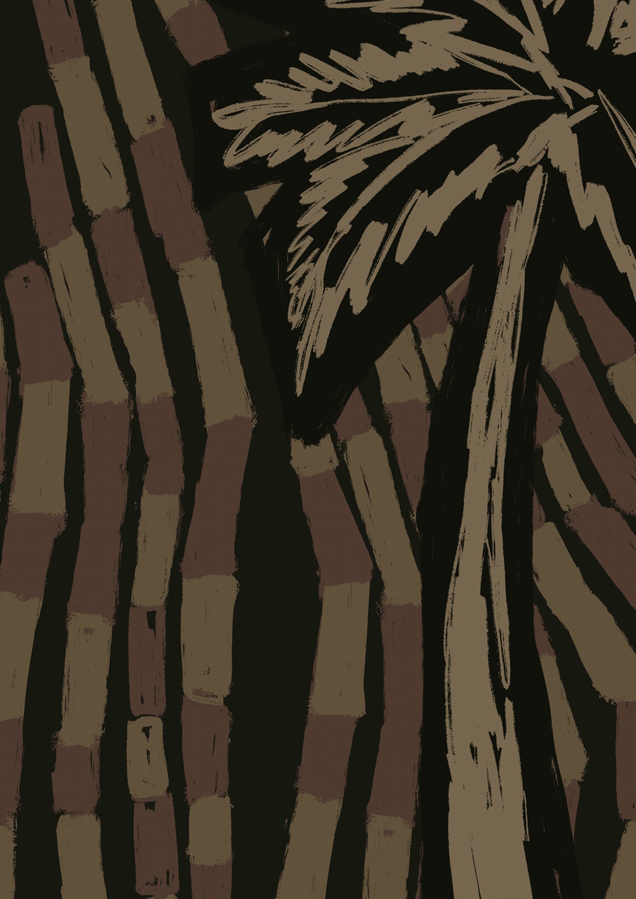 Bold black wallpaper with monochrome beige palms and a dynamic arrangement of swirling tile-like lines, from the Shatha collection with Urban Road.