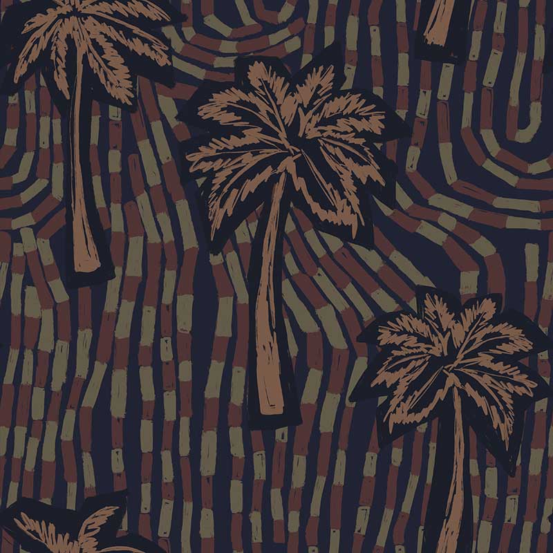 Deep navy wallpaper with contrasting beige palm trees and a rhythmic sweep of dark linear marks, from the Shatha collection with Urban Road.
