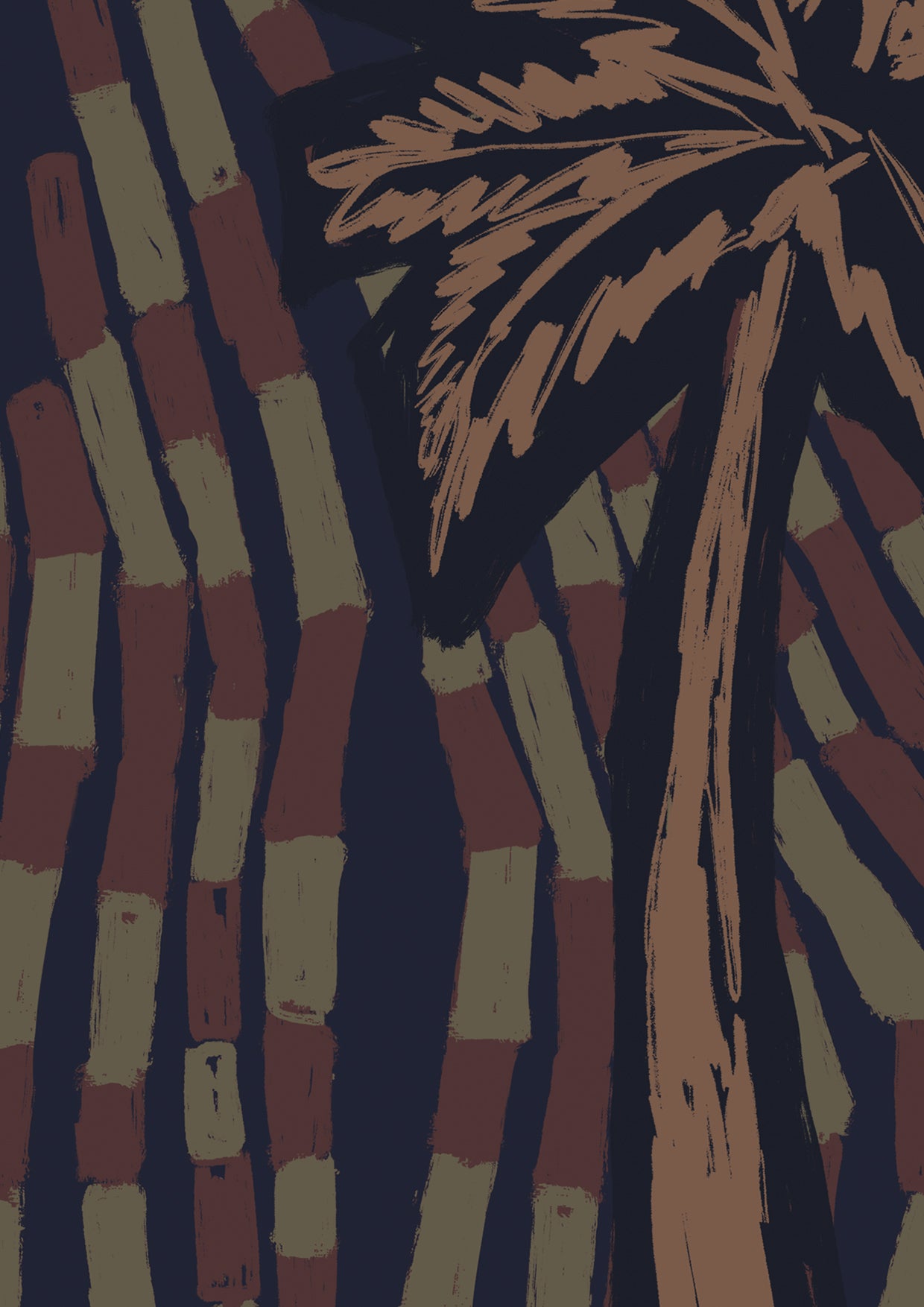 Deep navy wallpaper with contrasting beige palm trees and a rhythmic sweep of dark linear marks, from the Shatha collection with Urban Road.