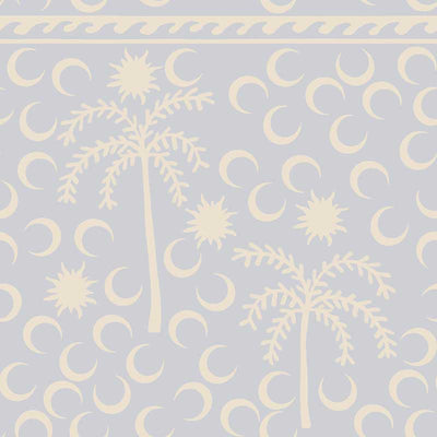 Playful sky blue wallpaper with cream palm trees and crescent moon motifs, bordered with a woven stripe detail, from the Shatha collection with Urban Road.