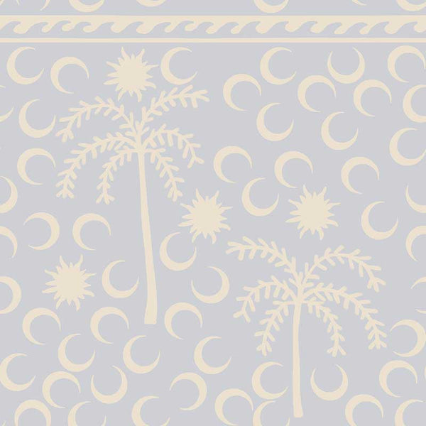 Playful sky blue wallpaper with cream palm trees and crescent moon motifs, bordered with a woven stripe detail, from the Shatha collection with Urban Road.