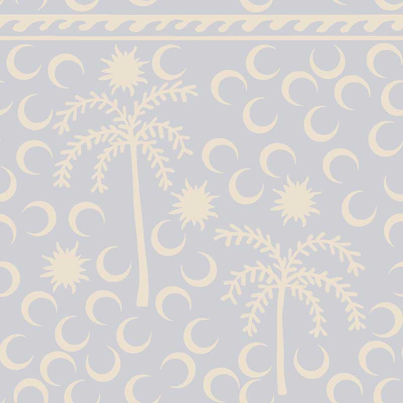 Playful sky blue wallpaper with cream palm trees and crescent moon motifs, bordered with a woven stripe detail, from the Shatha collection with Urban Road.
