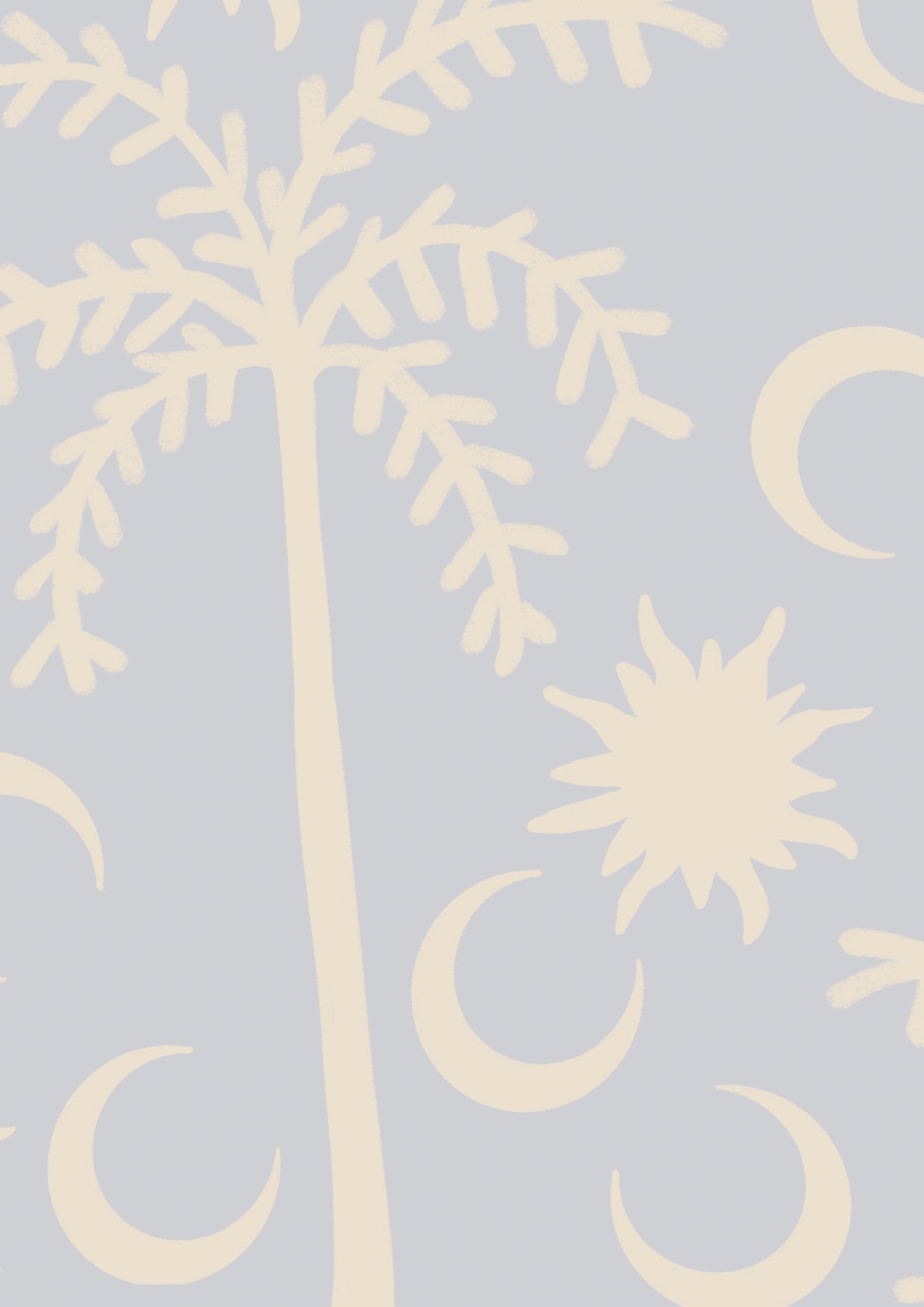 Playful sky blue wallpaper with cream palm trees and crescent moon motifs, bordered with a woven stripe detail, from the Shatha collection with Urban Road.