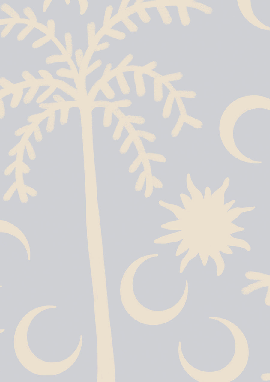 Playful sky blue wallpaper with cream palm trees and crescent moon motifs, bordered with a woven stripe detail, from the Shatha collection with Urban Road.