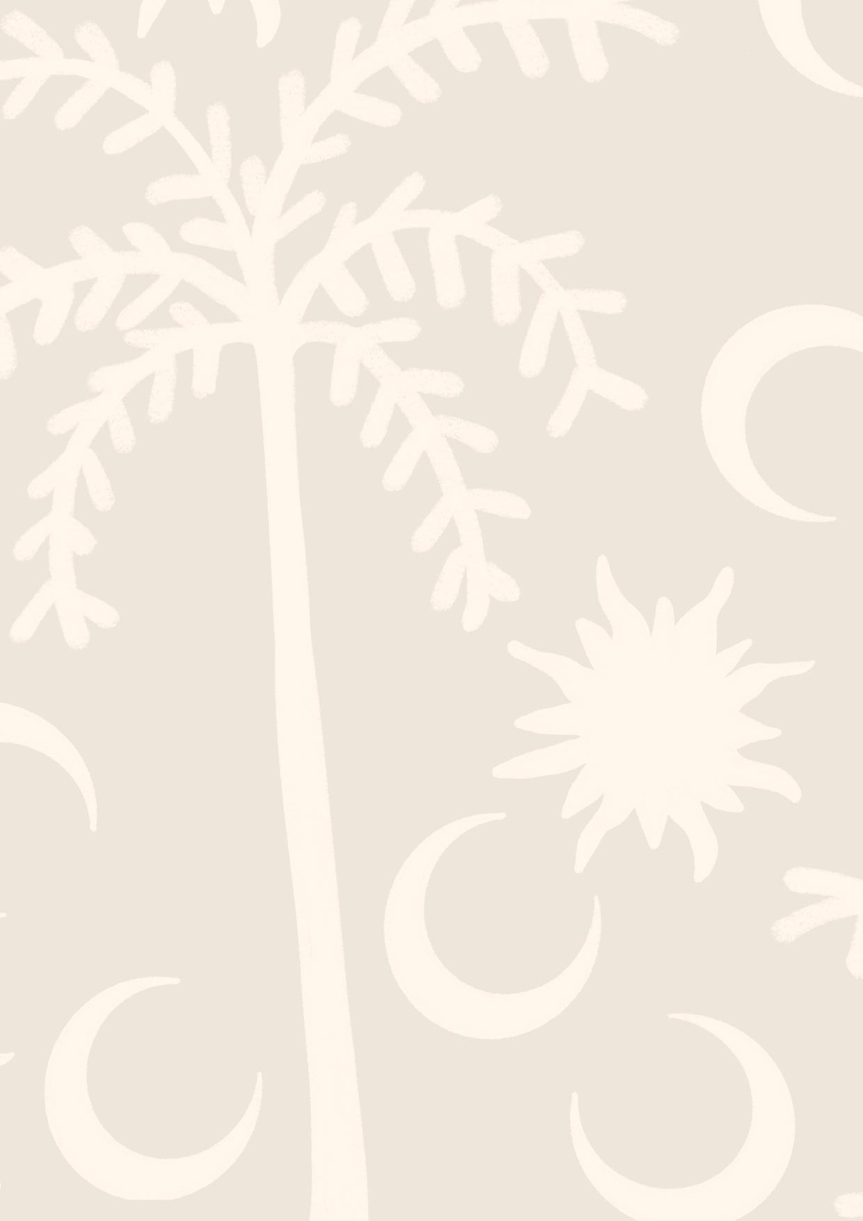 Soft cream wallpaper featuring subtle tonal palm trees, crescent shapes, and a decorative linear border, from the Shatha collection with Urban Road.