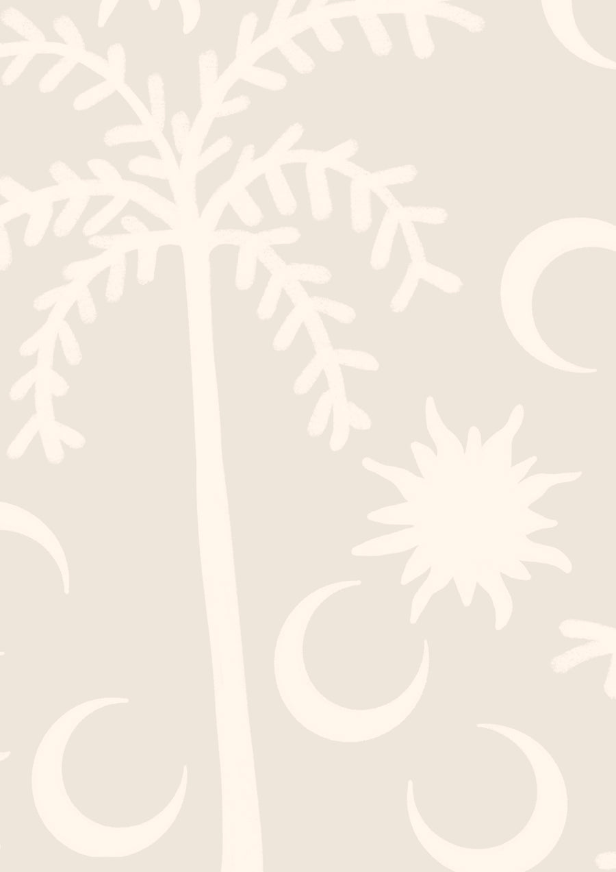 Soft cream wallpaper featuring subtle tonal palm trees, crescent shapes, and a decorative linear border, from the Shatha collection with Urban Road.