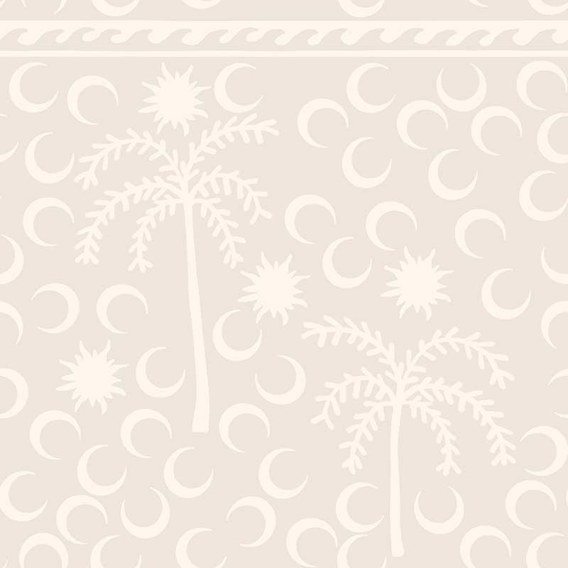 Soft cream wallpaper featuring subtle tonal palm trees, crescent shapes, and a decorative linear border, from the Shatha collection with Urban Road.
