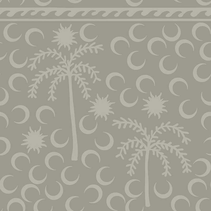 Muted sage wallpaper with understated palm trees and crescent moons in tonal greys, framed by a top border, from the Shatha collection with Urban Road.