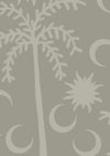 Muted sage wallpaper with understated palm trees and crescent moons in tonal greys, framed by a top border, from the Shatha collection with Urban Road.