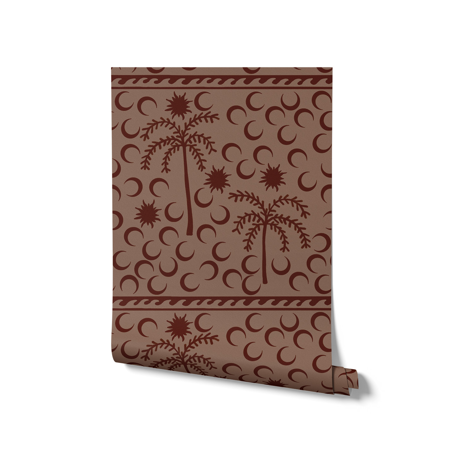 Rich dark brown wallpaper with chocolate palm silhouettes and moon patterns, topped with a subtle striped border, from the Shatha collection with Urban Road.