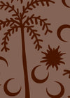 Rich dark brown wallpaper with chocolate palm silhouettes and moon patterns, topped with a subtle striped border, from the Shatha collection with Urban Road.